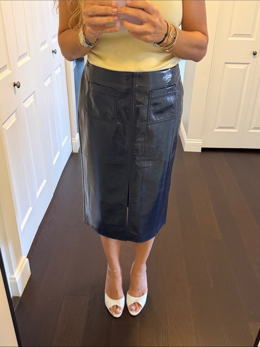 J. Crew Glossy Navy Faux-Leather Midi Pencil Skirt